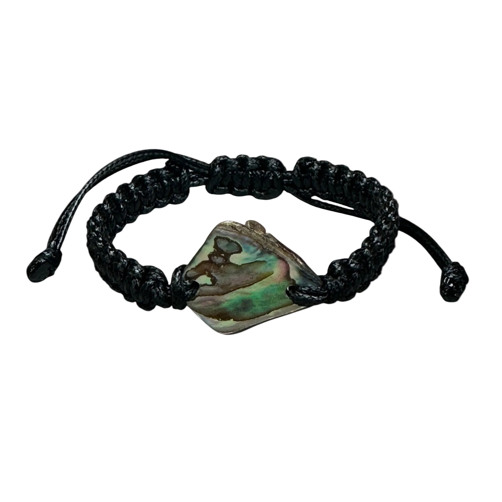 Black knotted polyester bracelet with a genuine New Zealand Paua shell centrepiece on a white background.