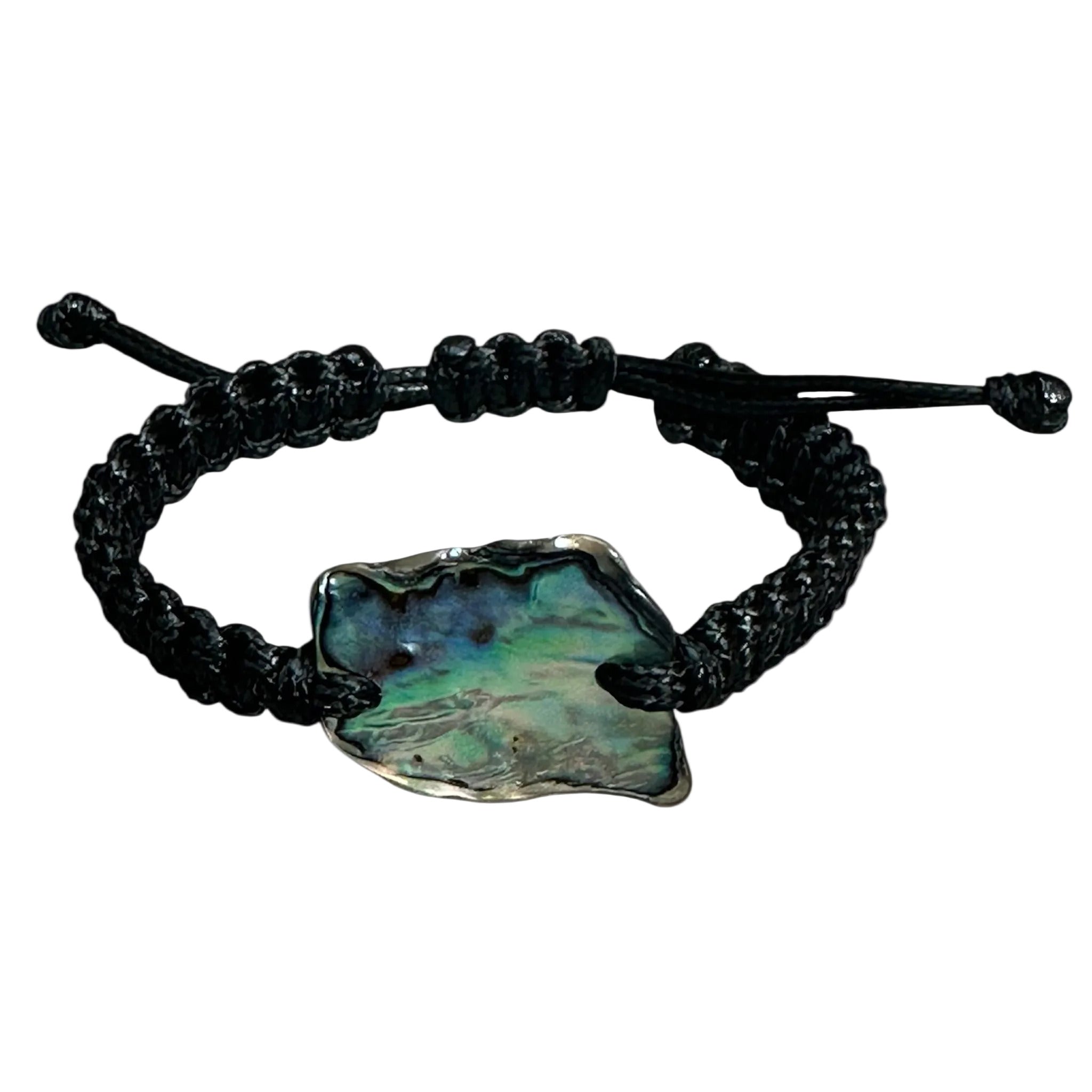 Handmade bracelet with square knots and a unique Paua shell with blue and green hues.