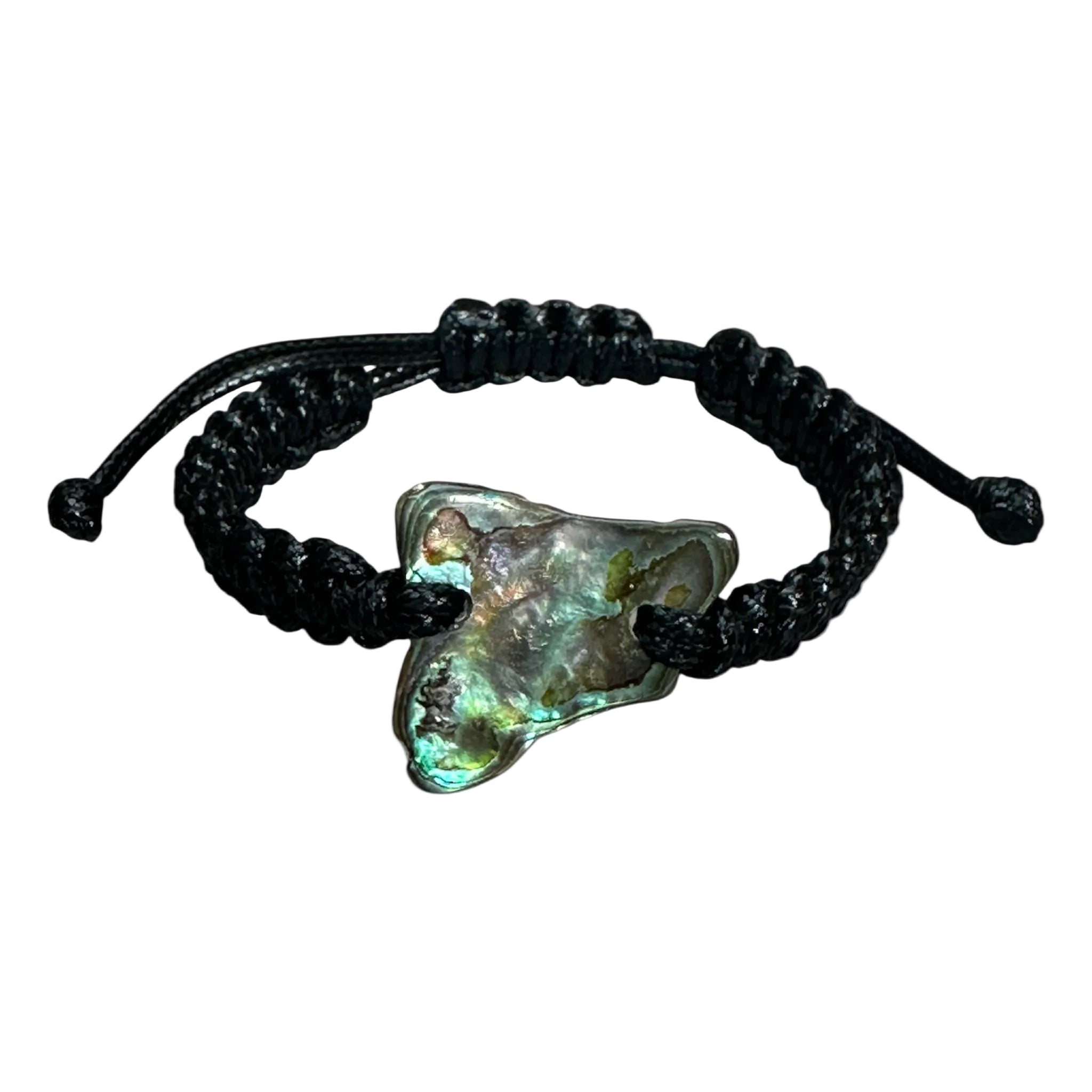 Iridescent Paua shell bracelet with black knotted cord, photographed from a front angle.