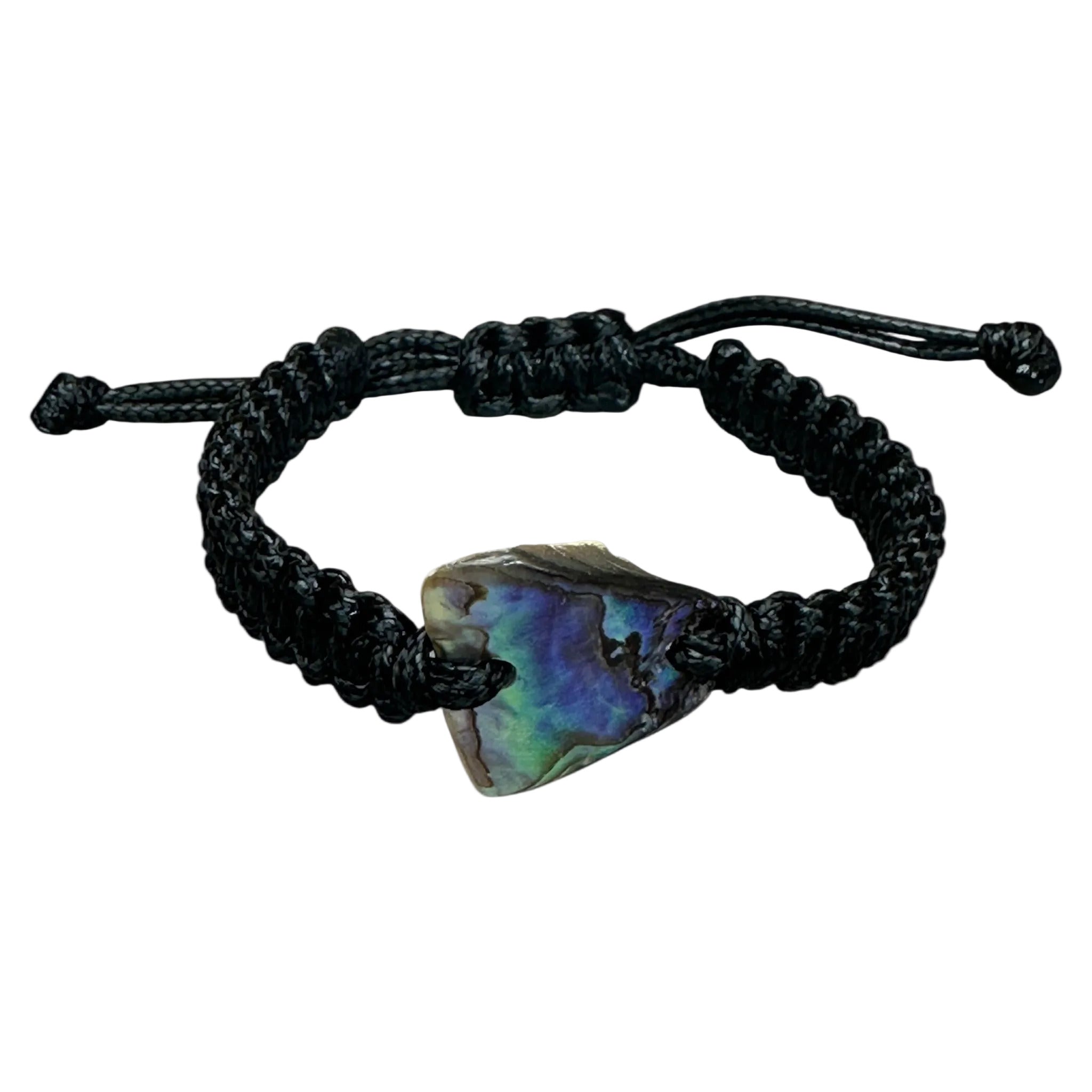 Adjustable black bracelet with unique Paua shell, each with different colour patterns.