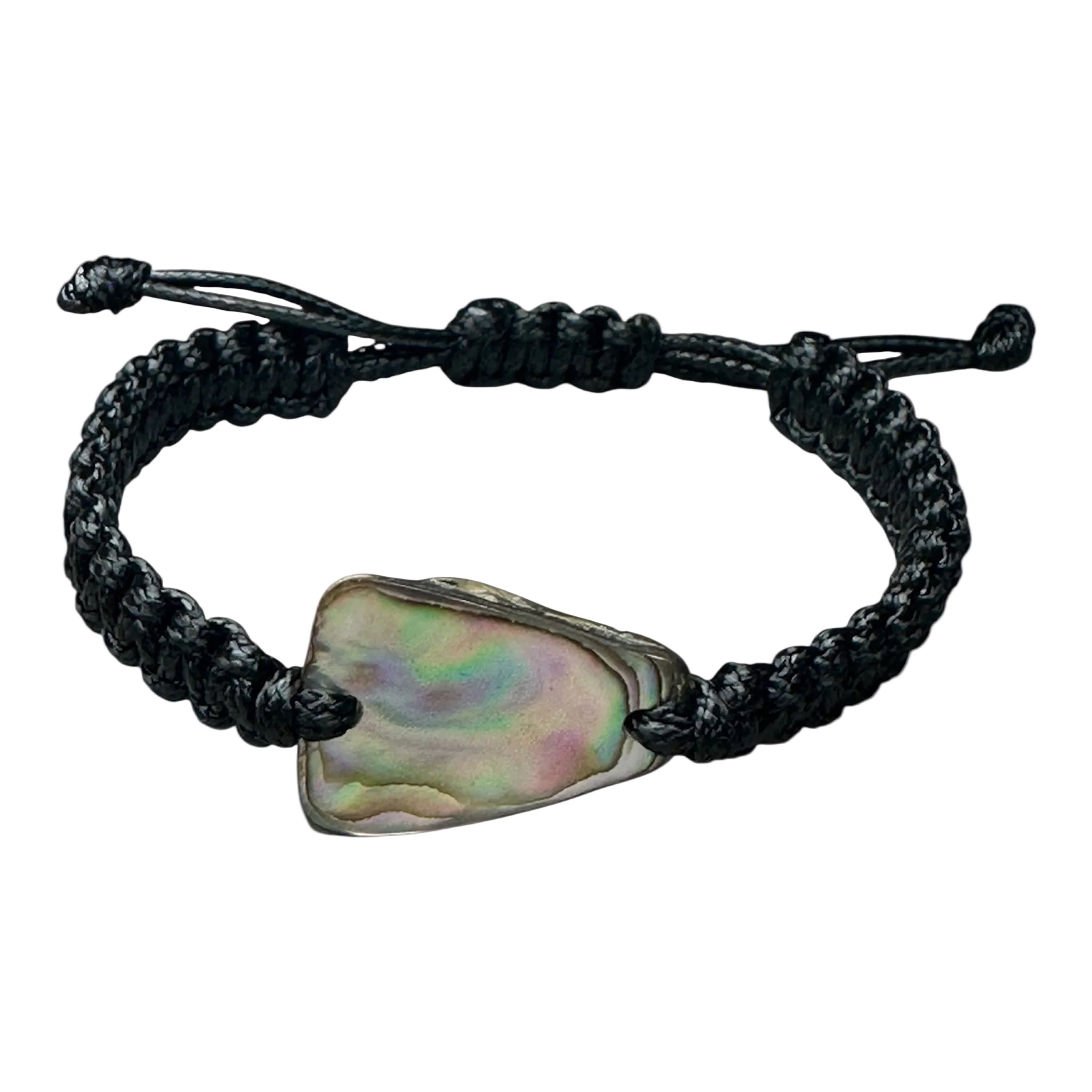 Bracelet made of durable black cord featuring a genuine Paua shell from NZ waters.