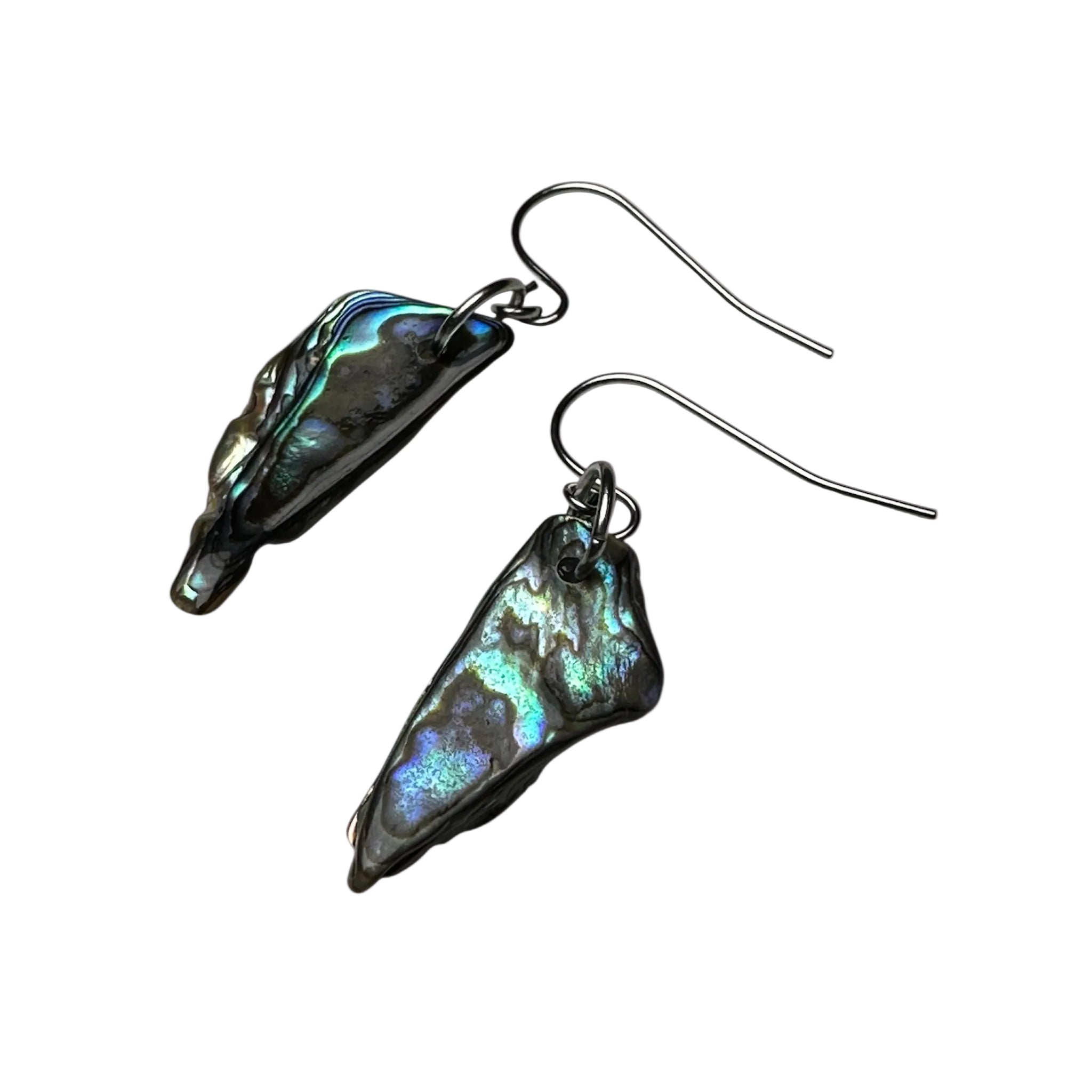 Handmade stainless steel earrings with ocean-toned Paua shell
