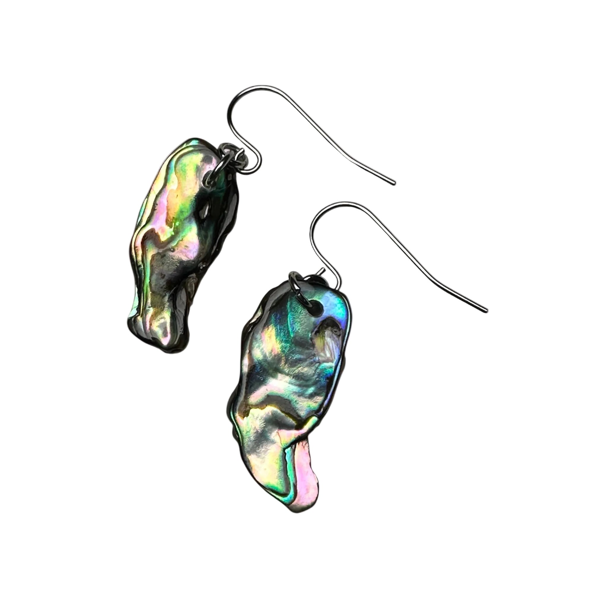 Elegant Paua shell earrings reflecting ocean hues in stainless steel