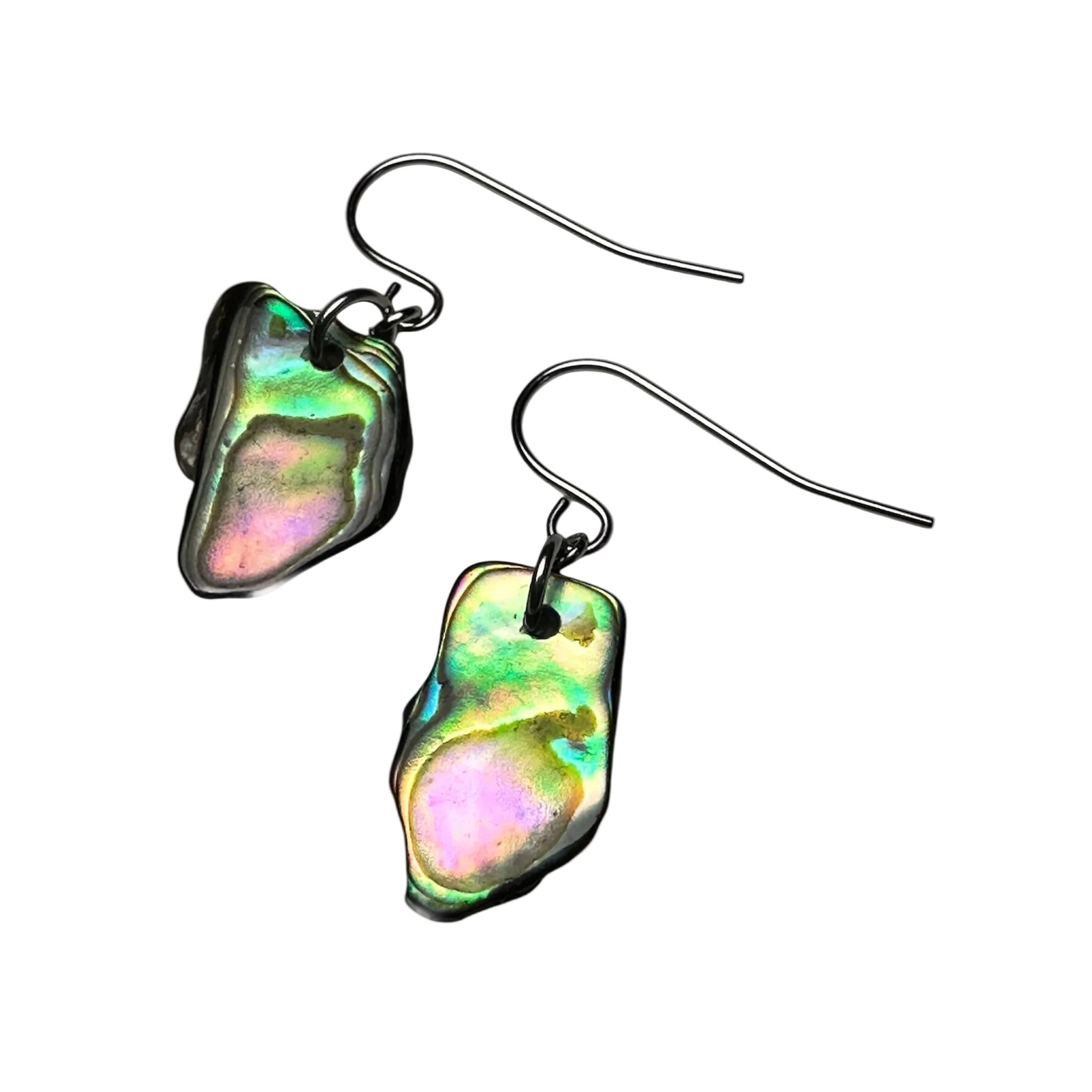 Elegant Paua shell earrings reflecting ocean hues in stainless steel