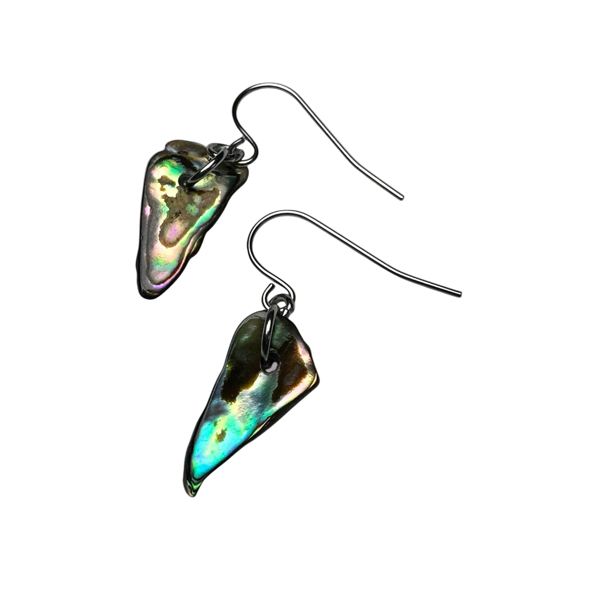 Stainless steel earrings featuring colourful NZ Paua shell drops