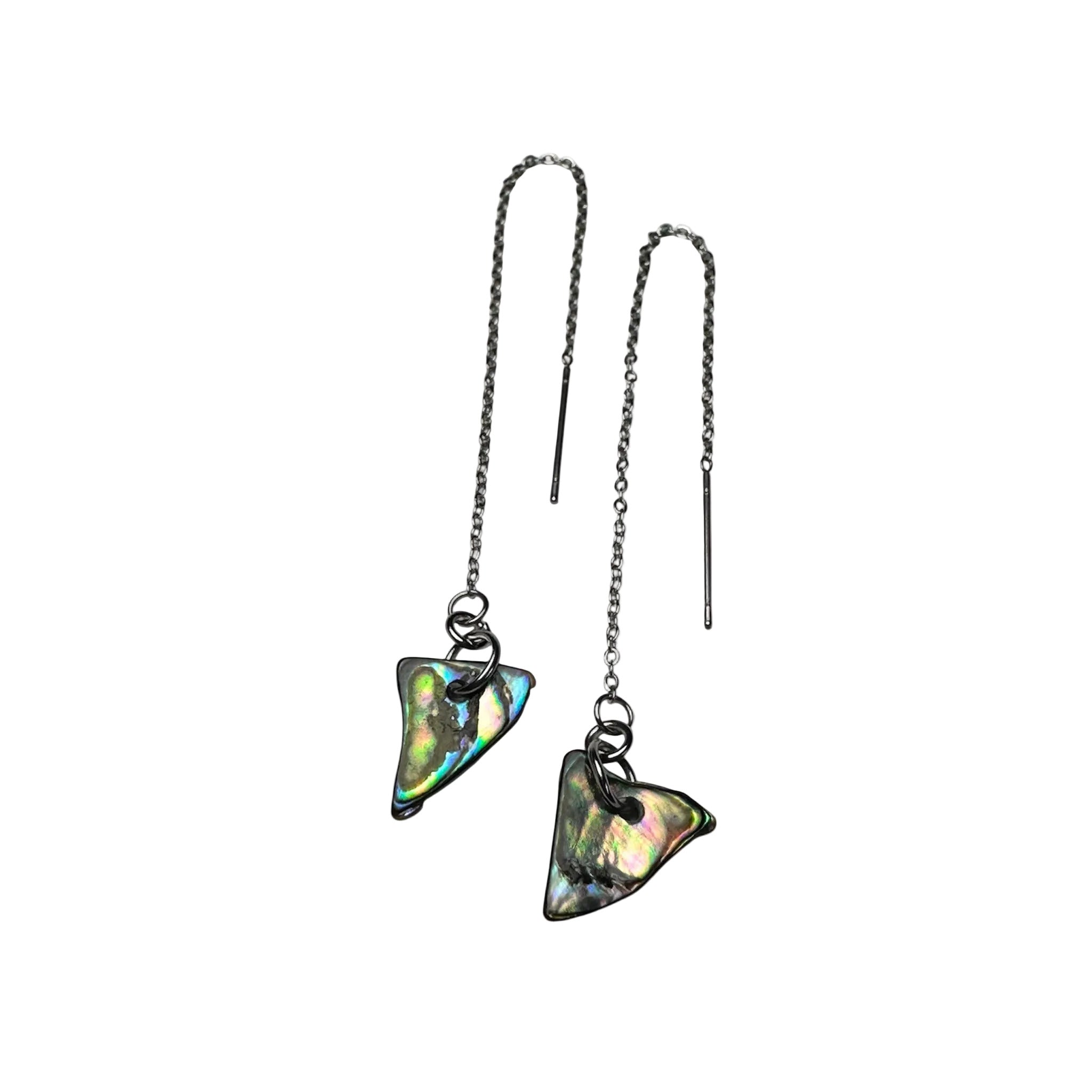 Close-up of thread-through Paua shell earrings in stainless steel