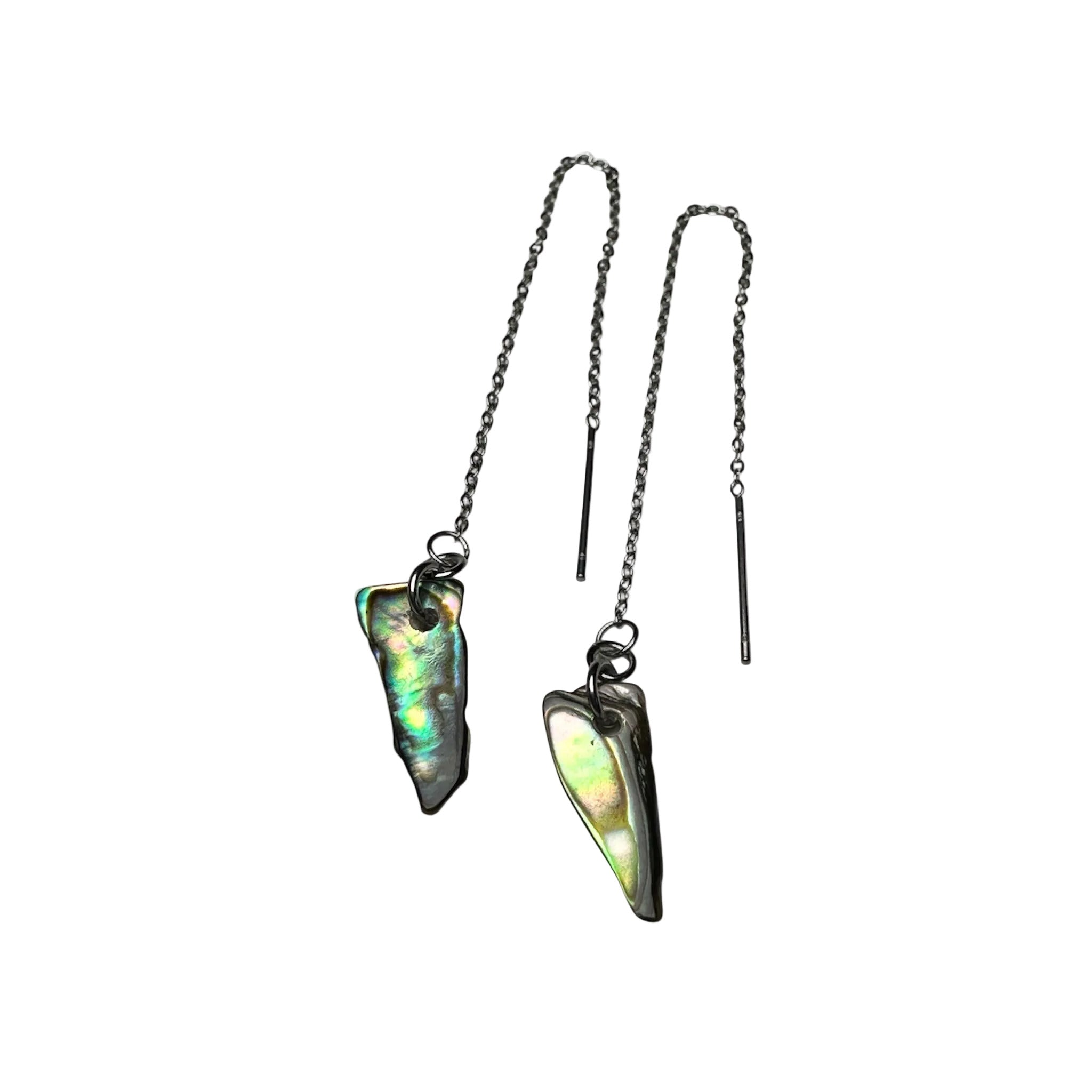 Coastal-inspired Paua shell earrings in stainless steel thread style